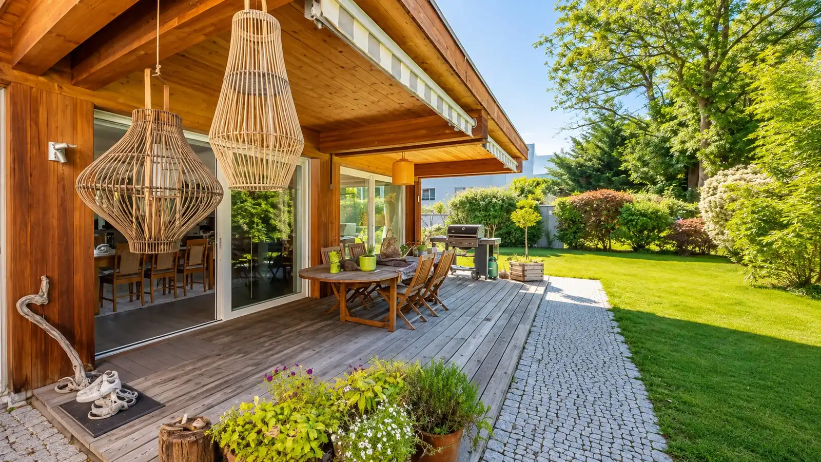 Une terrasse en bois meublée sous l’avant-toit, ouverte sur le jardin
